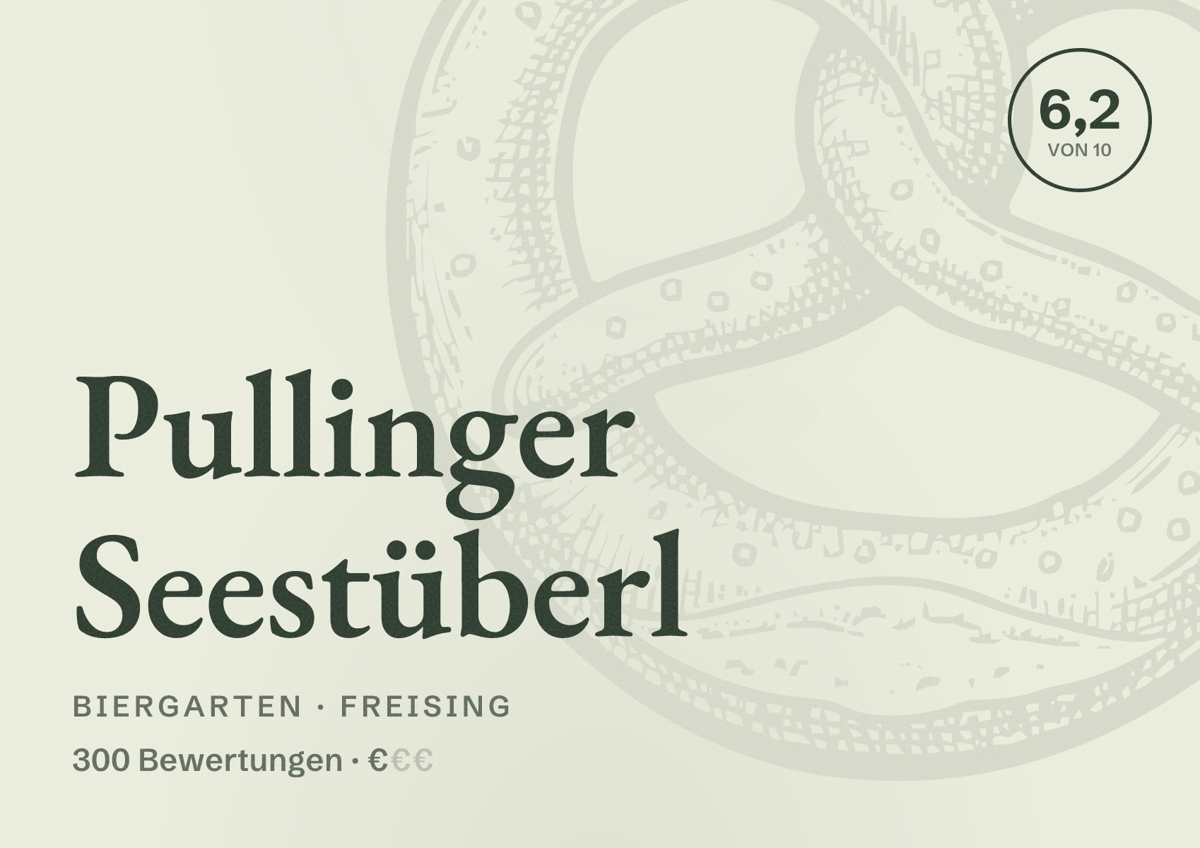 Illustriertes Poster von Pullinger Seestüberl, Biergarten in Freising: Bewertung 6,2 von 10 aus 300 Bewertungen, Preisniveau €