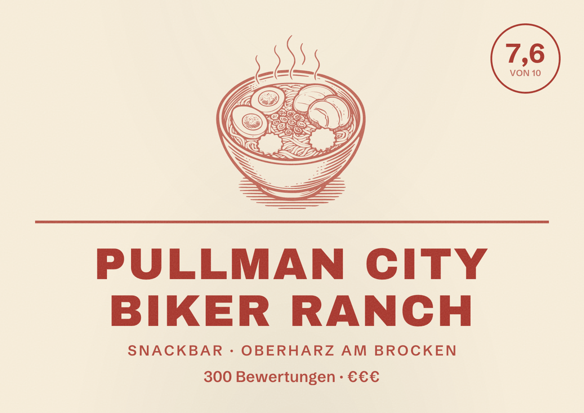 Illustriertes Poster von Pullman City Biker Ranch, Snackbar in Oberharz am Brocken: Bewertung 7,6 von 10 aus 300 Bewertungen, Preisniveau €€€