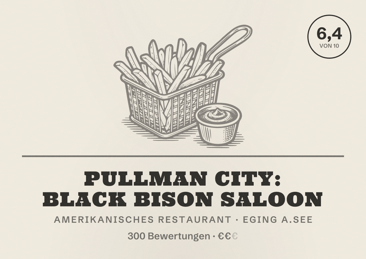 Illustriertes Poster von Pullman City: Black Bison Saloon, Amerikanisches Restaurant in Eging a.See: Bewertung 6,4 von 10 aus 300 Bewertungen, Preisniveau €€