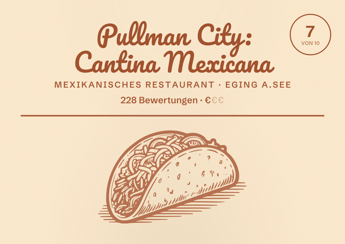 Illustriertes Poster von Pullman City: Cantina Mexicana, Mexikanisches Restaurant in Eging a.See: Bewertung 7 von 10 aus 228 Bewertungen, Preisniveau €
