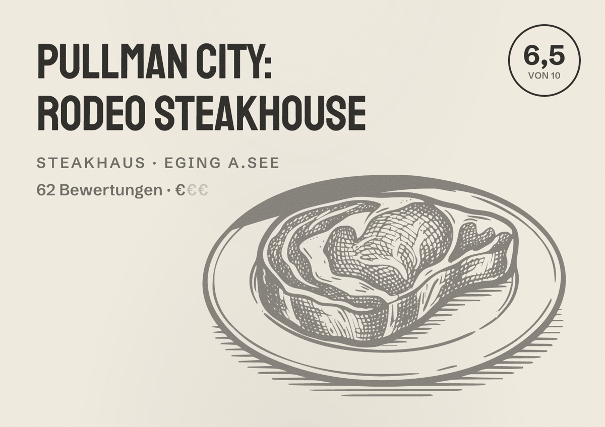 Illustriertes Poster von Pullman City: Rodeo Steakhouse, Steakhaus in Eging a.See: Bewertung 6,5 von 10 aus 62 Bewertungen, Preisniveau €