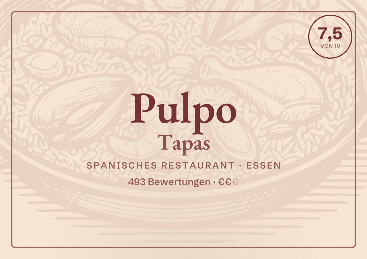 Illustriertes Poster von Pulpo Tapas, Spanisches Restaurant in Essen: Bewertung 7,5 von 10 aus 493 Bewertungen, Preisniveau €€