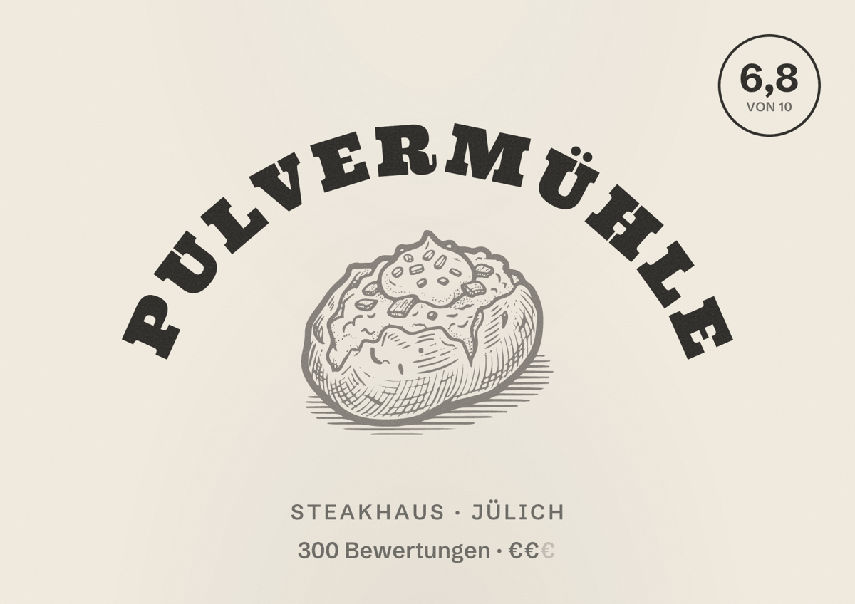 Illustriertes Poster von Pulvermühle, Steakhaus in Jülich: Bewertung 6,8 von 10 aus 300 Bewertungen, Preisniveau €€