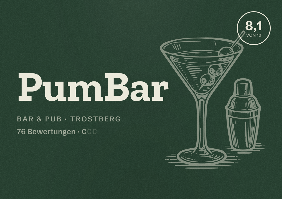 Illustriertes Poster von PumBar, Bar & Pub in Trostberg: Bewertung 8,1 von 10 aus 76 Bewertungen, Preisniveau €