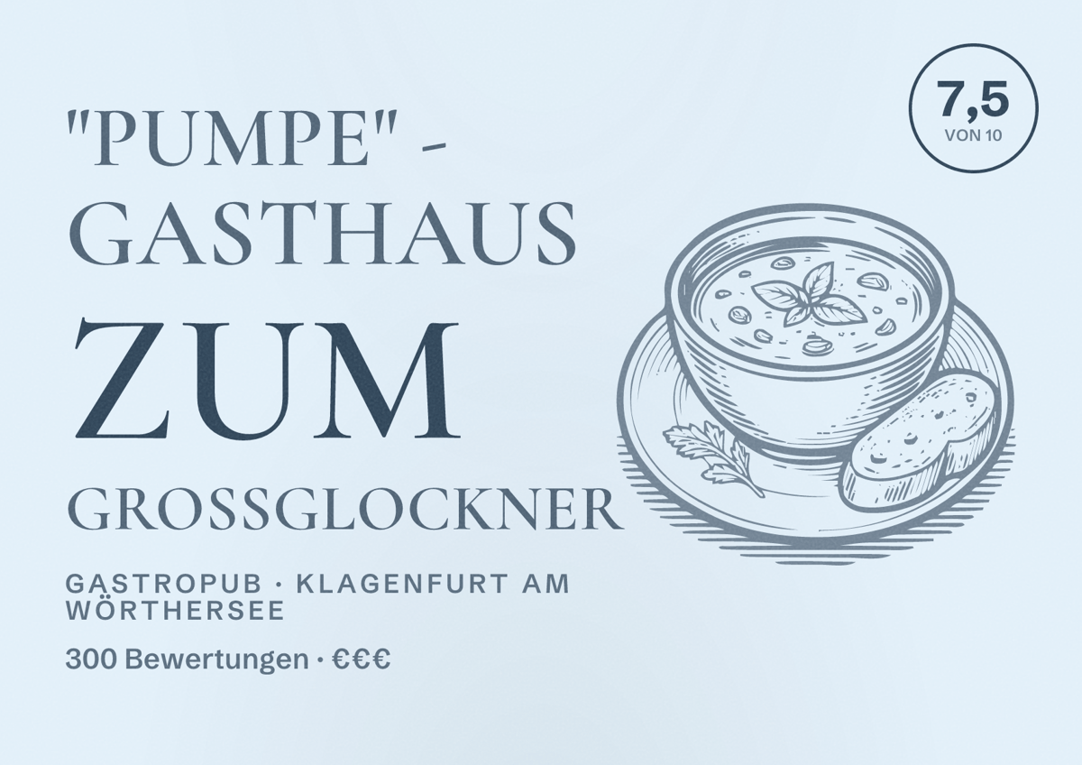 Illustriertes Poster von "Pumpe" - Gasthaus Zum Großglockner, Gastropub in Klagenfurt am Wörthersee: Bewertung 7,5 von 10 aus 300 Bewertungen, Preisniveau €€€