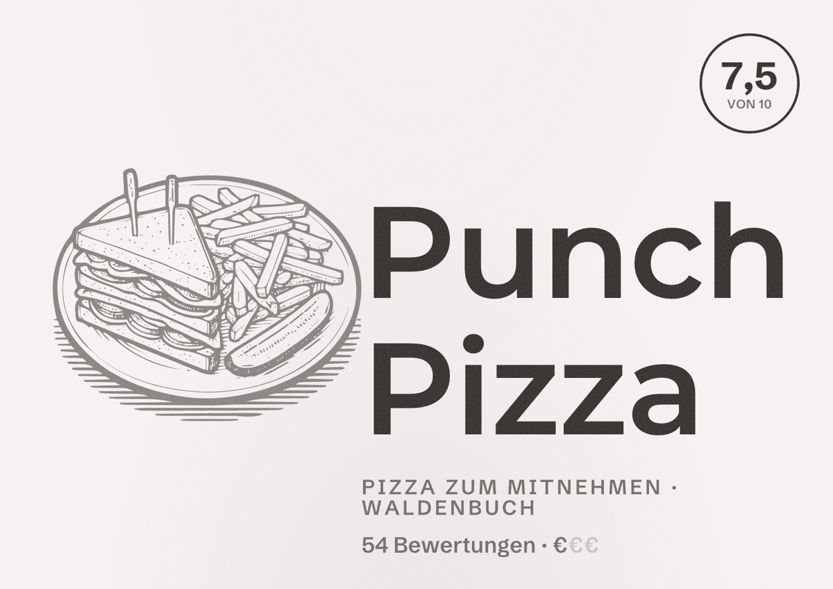 Illustriertes Poster von Punch Pizza, Pizza zum Mitnehmen in Waldenbuch: Bewertung 7,5 von 10 aus 54 Bewertungen, Preisniveau €