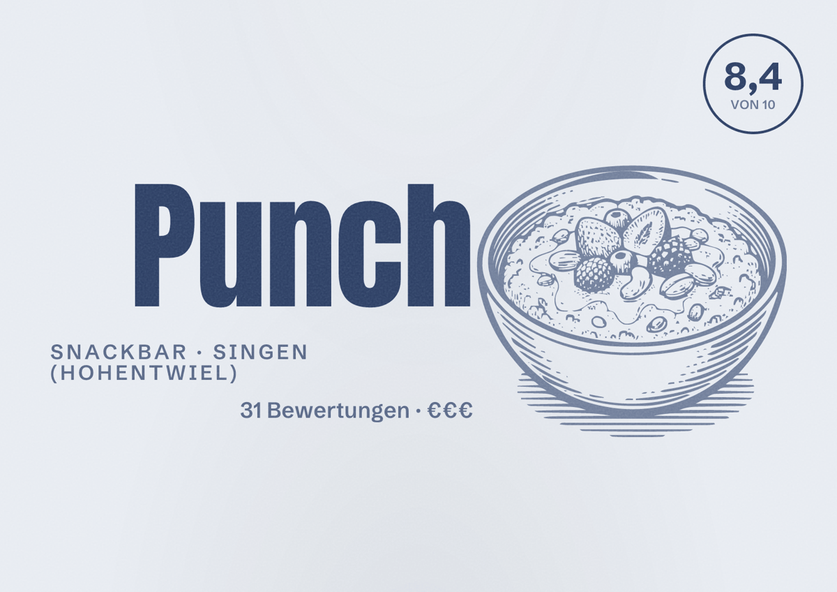 Illustriertes Poster von Punch, Snackbar in Singen (Hohentwiel): Bewertung 8,4 von 10 aus 31 Bewertungen, Preisniveau €€€