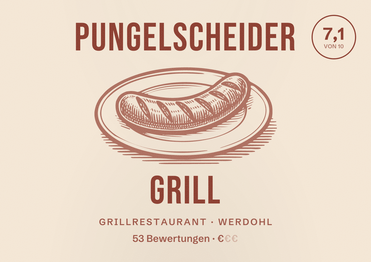 Illustriertes Poster von Pungelscheider Grill, Grillrestaurant in Werdohl: Bewertung 7,1 von 10 aus 53 Bewertungen, Preisniveau €