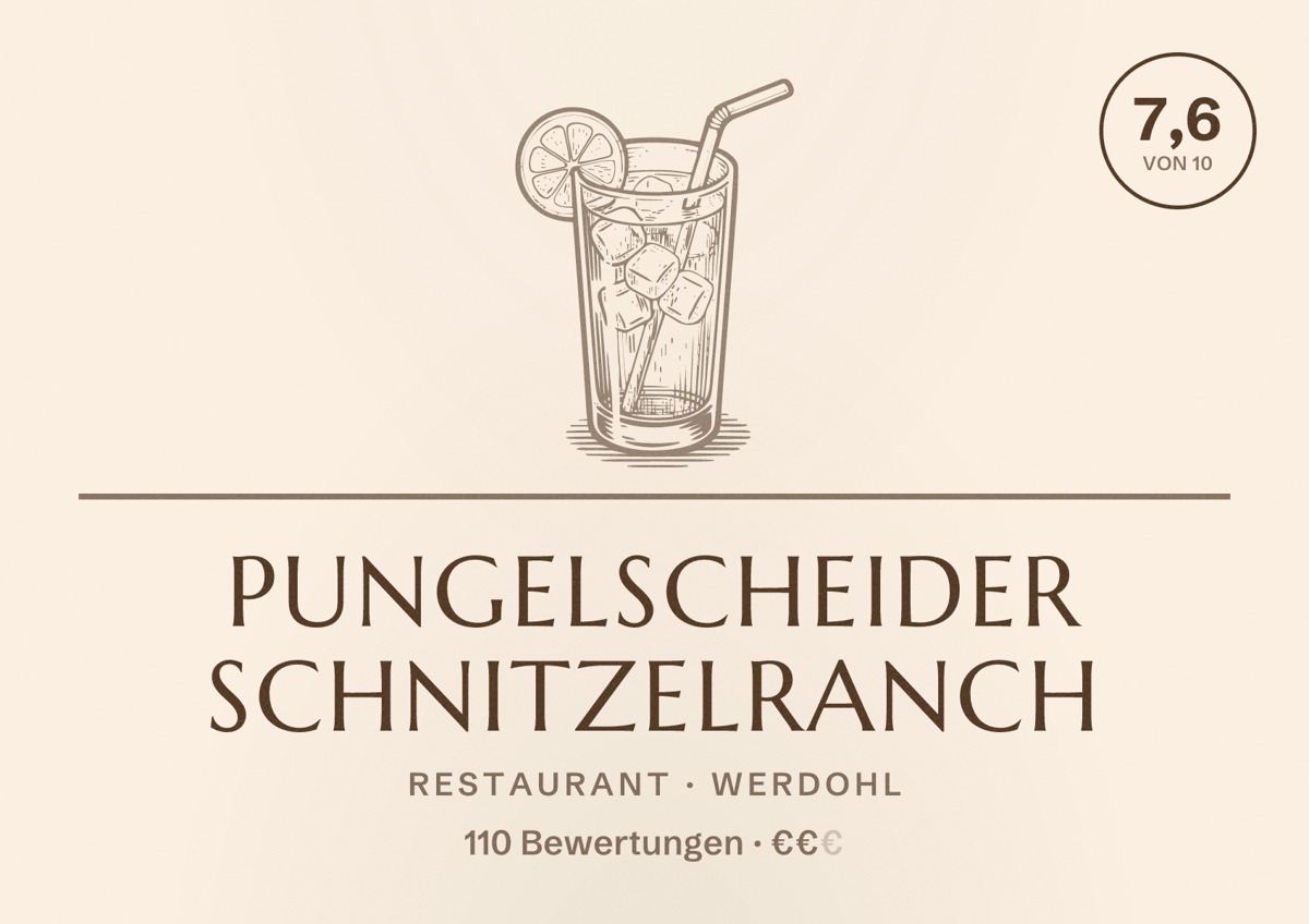 Illustriertes Poster von Pungelscheider Schnitzelranch, Restaurant in Werdohl: Bewertung 7,6 von 10 aus 110 Bewertungen, Preisniveau €€