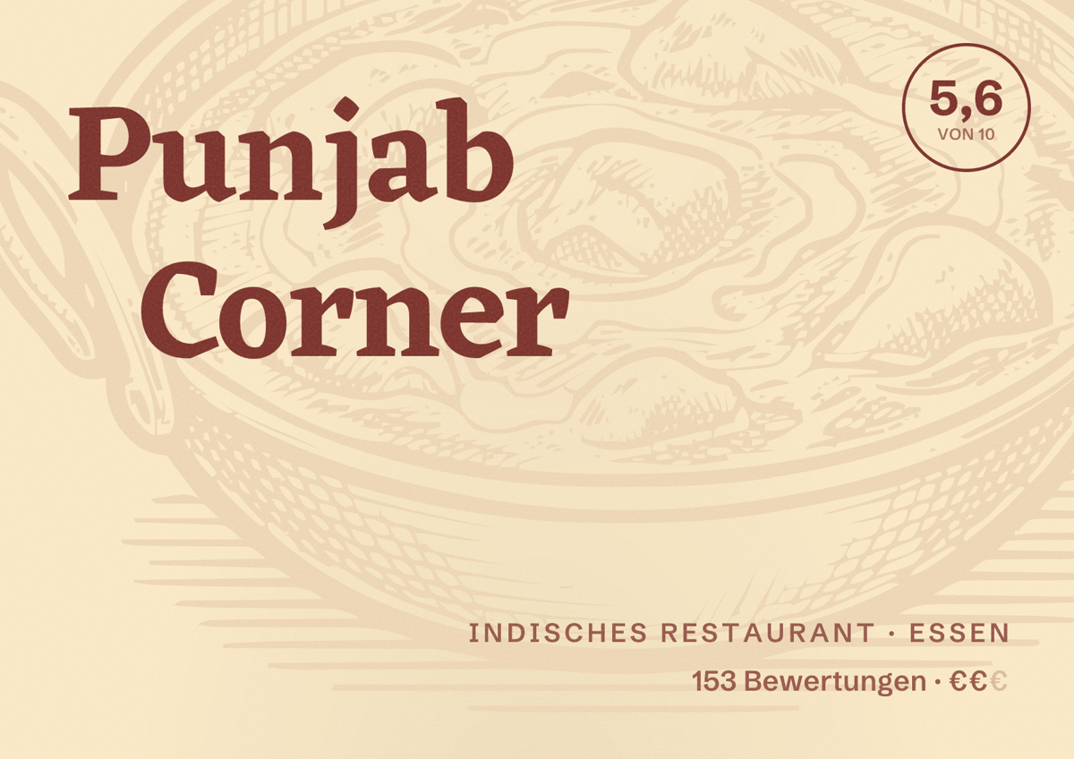 Illustriertes Poster von Punjab Corner, Indisches Restaurant in Essen: Bewertung 5,6 von 10 aus 153 Bewertungen, Preisniveau €€