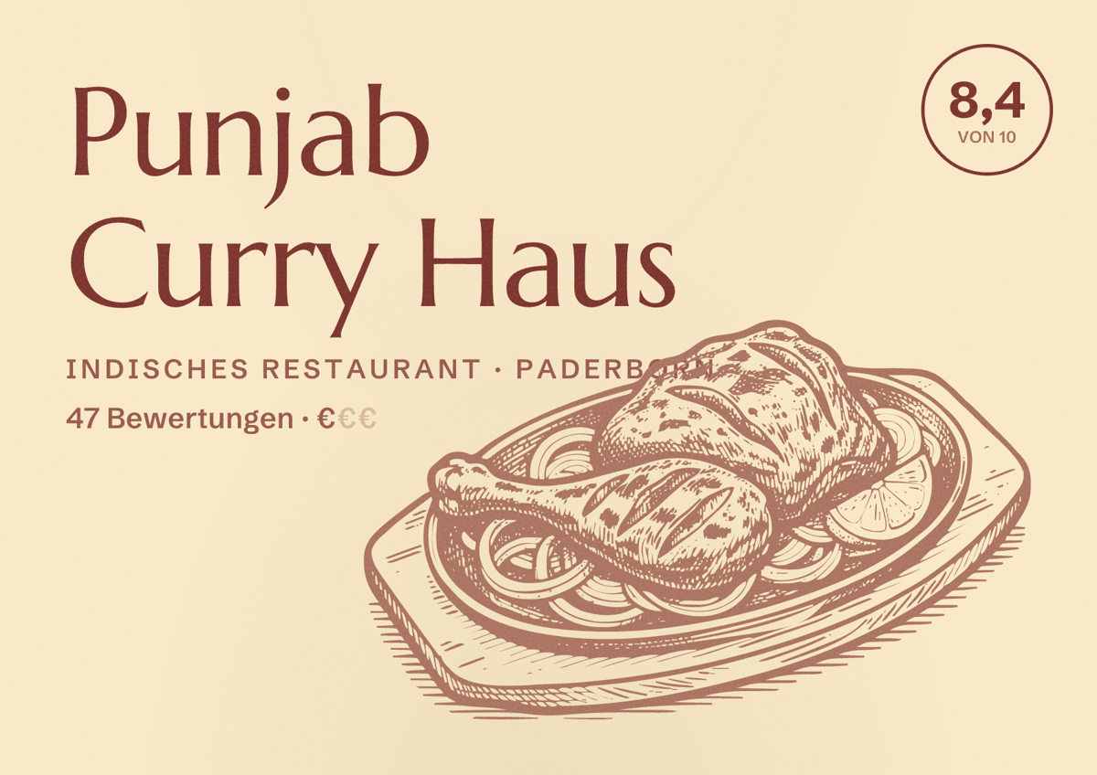Illustriertes Poster von Punjab Curry Haus, Indisches Restaurant in Paderborn: Bewertung 8,4 von 10 aus 47 Bewertungen, Preisniveau €