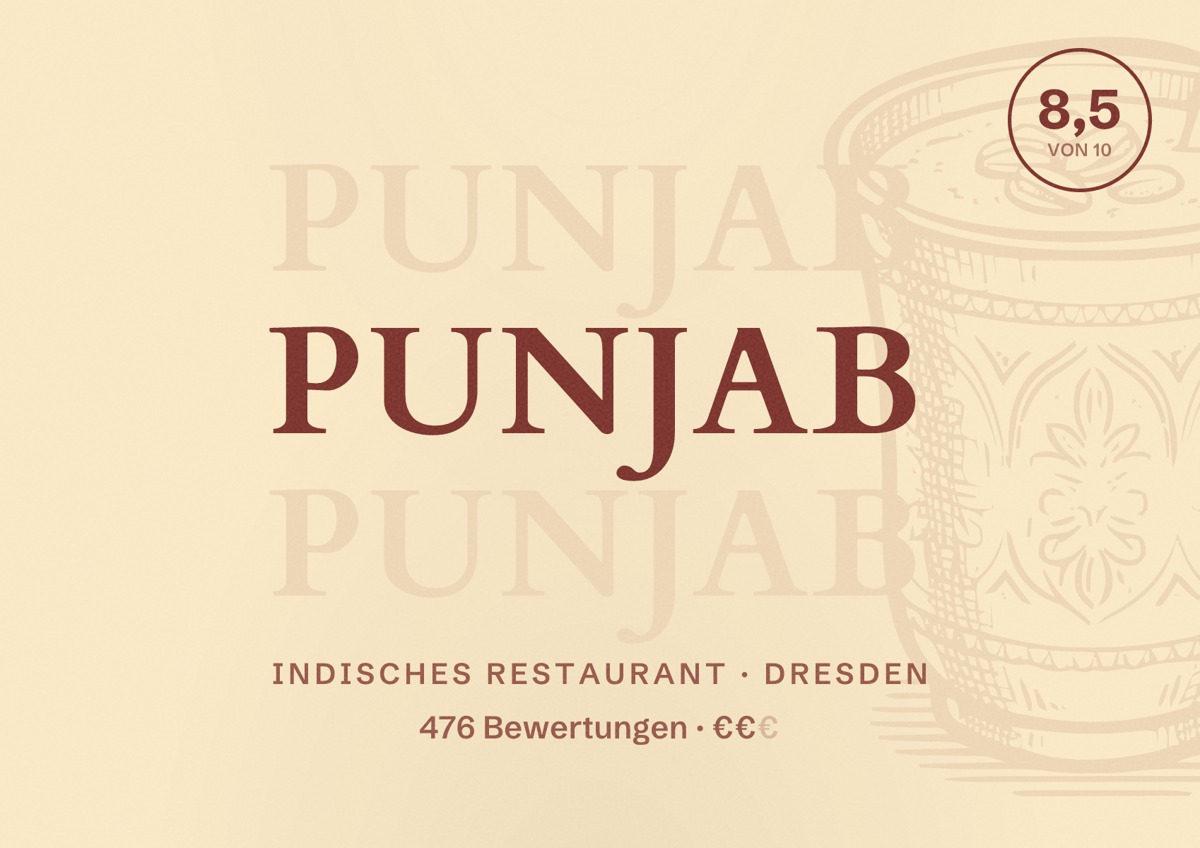 Illustriertes Poster von Punjab, Indisches Restaurant in Dresden: Bewertung 8,5 von 10 aus 476 Bewertungen, Preisniveau €€