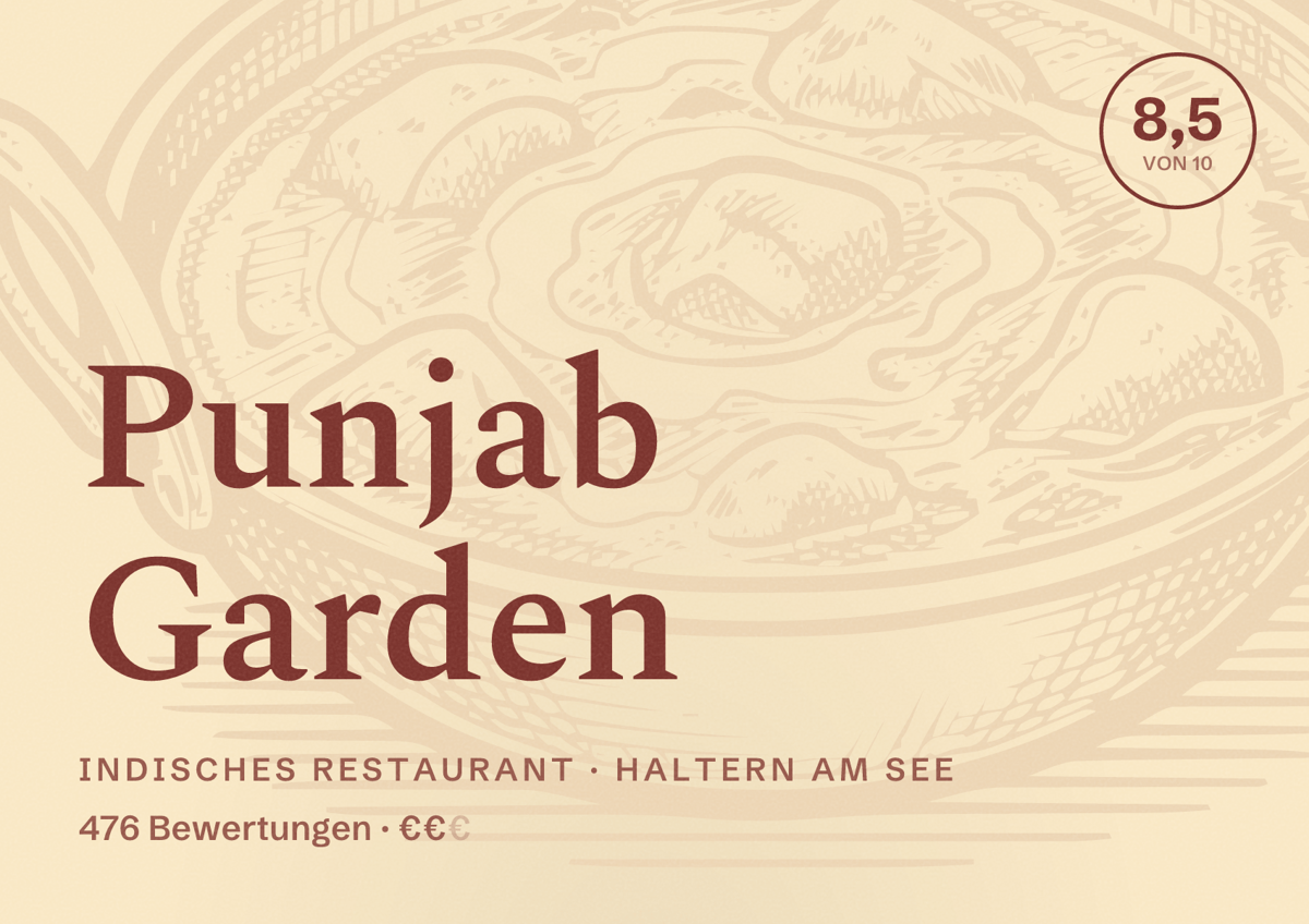 Illustriertes Poster von Punjab Garden, Indisches Restaurant in Haltern am See: Bewertung 8,5 von 10 aus 476 Bewertungen, Preisniveau €€