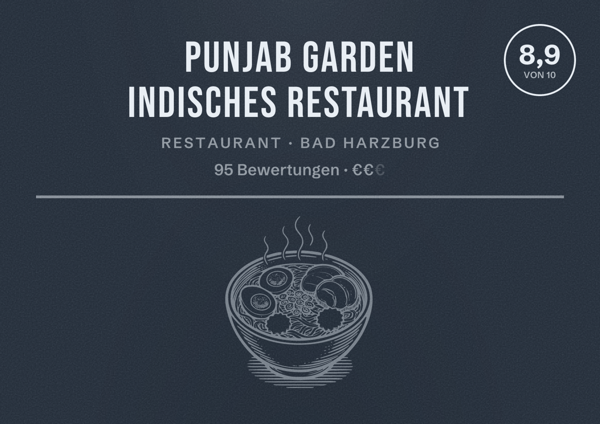 Illustriertes Poster von Punjab Garden Indisches Restaurant, Restaurant in Bad Harzburg: Bewertung 8,9 von 10 aus 95 Bewertungen, Preisniveau €€