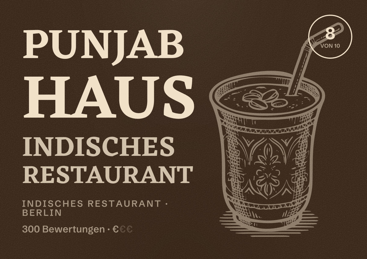 Illustriertes Poster von Punjab Haus indisches Restaurant, Indisches Restaurant in Berlin: Bewertung 8,0 von 10 aus 300 Bewertungen, Preisniveau €