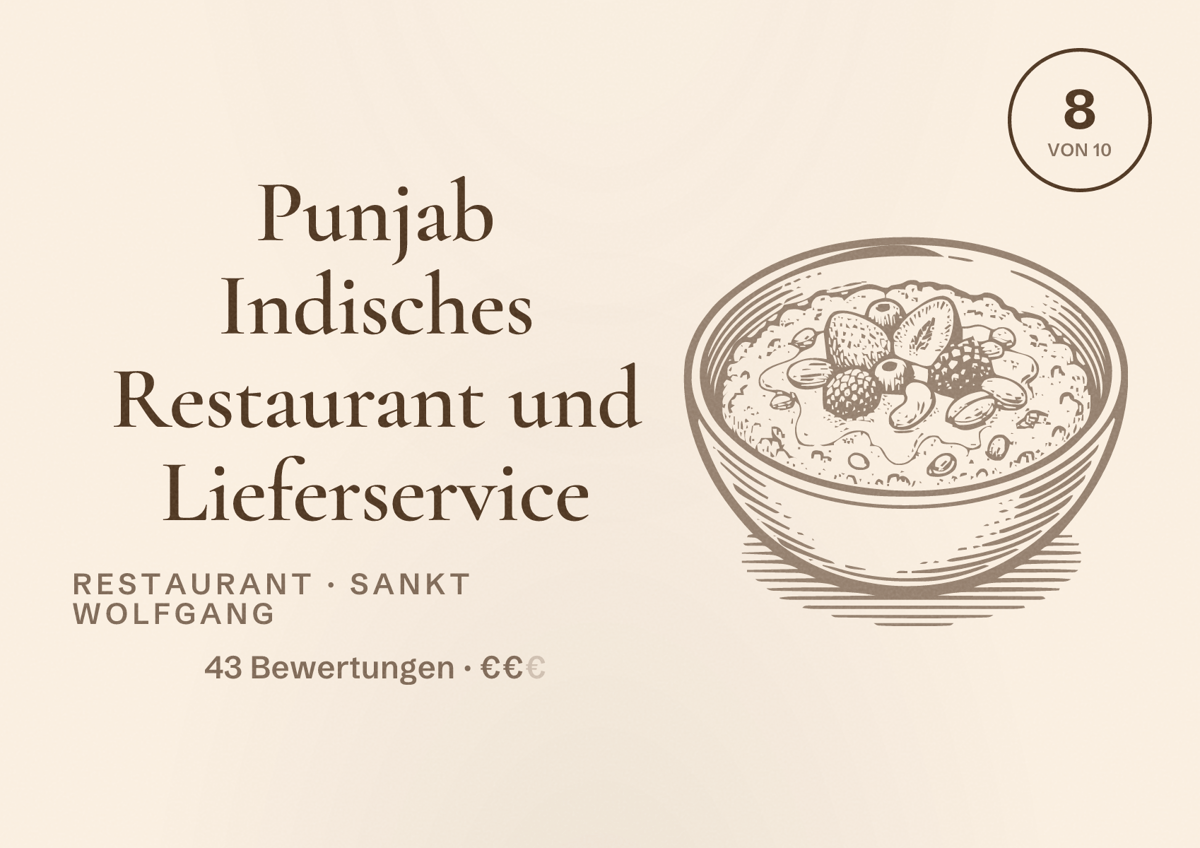Illustriertes Poster von Punjab Indisches Restaurant und Lieferservice, Restaurant in Sankt Wolfgang: Bewertung 8 von 10 aus 43 Bewertungen, Preisniveau €€