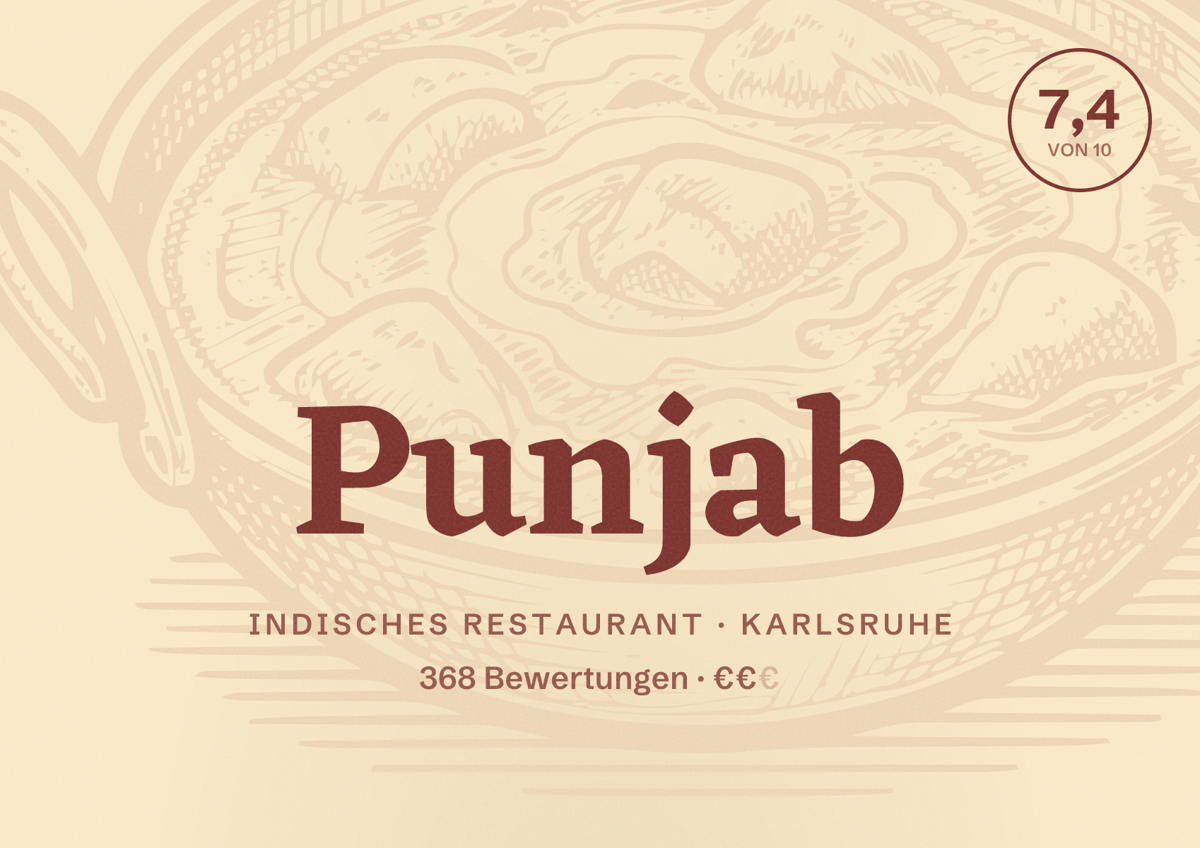 Illustriertes Poster von Punjab, Indisches Restaurant in Karlsruhe: Bewertung 7,4 von 10 aus 368 Bewertungen, Preisniveau €€