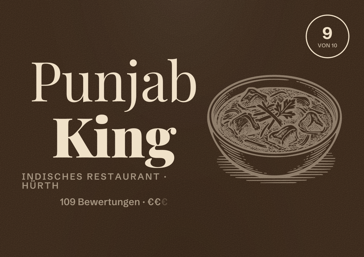 Illustriertes Poster von Punjab King, Indisches Restaurant in Hürth: Bewertung 9 von 10 aus 109 Bewertungen, Preisniveau €€