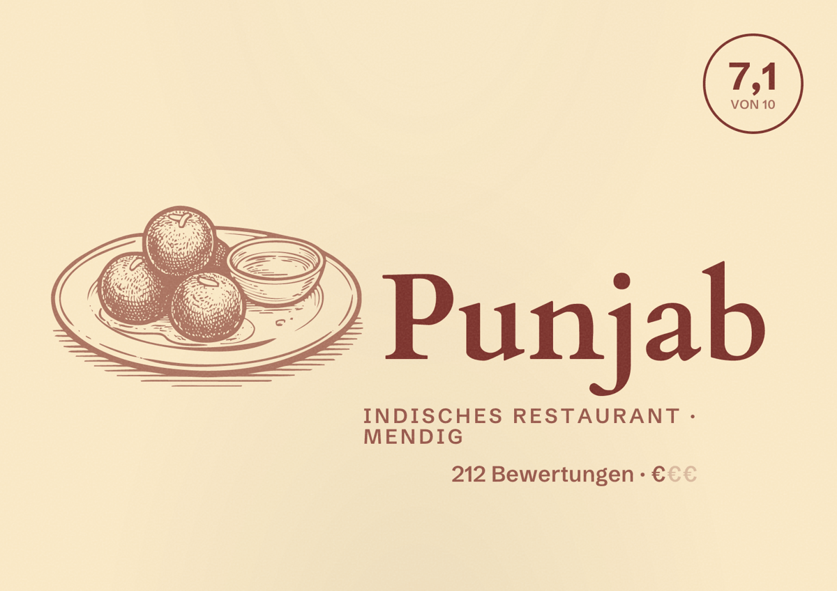 Illustriertes Poster von Punjab, Indisches Restaurant in Mendig: Bewertung 7,1 von 10 aus 212 Bewertungen, Preisniveau €