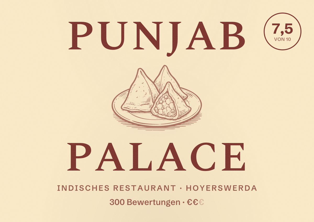 Illustriertes Poster von Punjab Palace, Indisches Restaurant in Hoyerswerda: Bewertung 7,5 von 10 aus 300 Bewertungen, Preisniveau €€