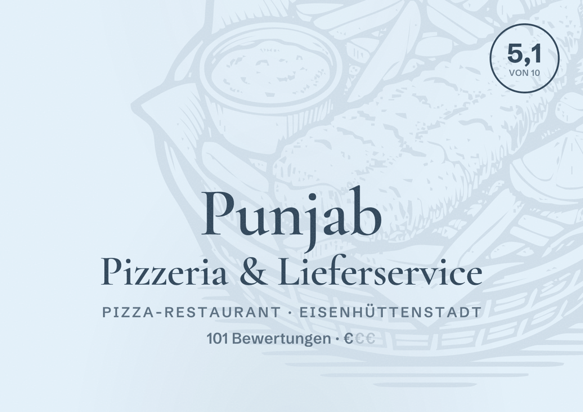 Illustriertes Poster von Punjab Pizzeria & Lieferservice, Pizza-Restaurant in Eisenhüttenstadt: Bewertung 5,1 von 10 aus 101 Bewertungen, Preisniveau €