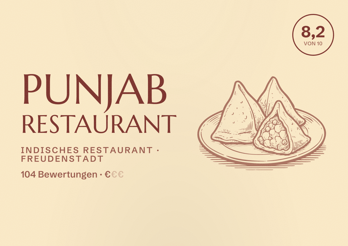 Illustriertes Poster von Punjab Restaurant, Indisches Restaurant in Freudenstadt: Bewertung 8,2 von 10 aus 104 Bewertungen, Preisniveau €