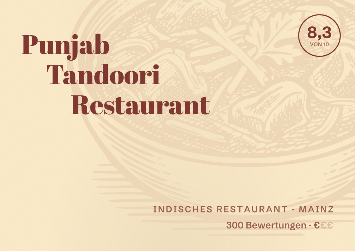 Illustriertes Poster von Punjab Tandoori Restaurant, Indisches Restaurant in Mainz: Bewertung 8,3 von 10 aus 300 Bewertungen, Preisniveau €