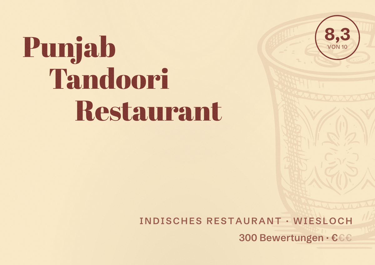 Illustriertes Poster von Punjab Tandoori Restaurant, Indisches Restaurant in Wiesloch: Bewertung 8,3 von 10 aus 300 Bewertungen, Preisniveau €