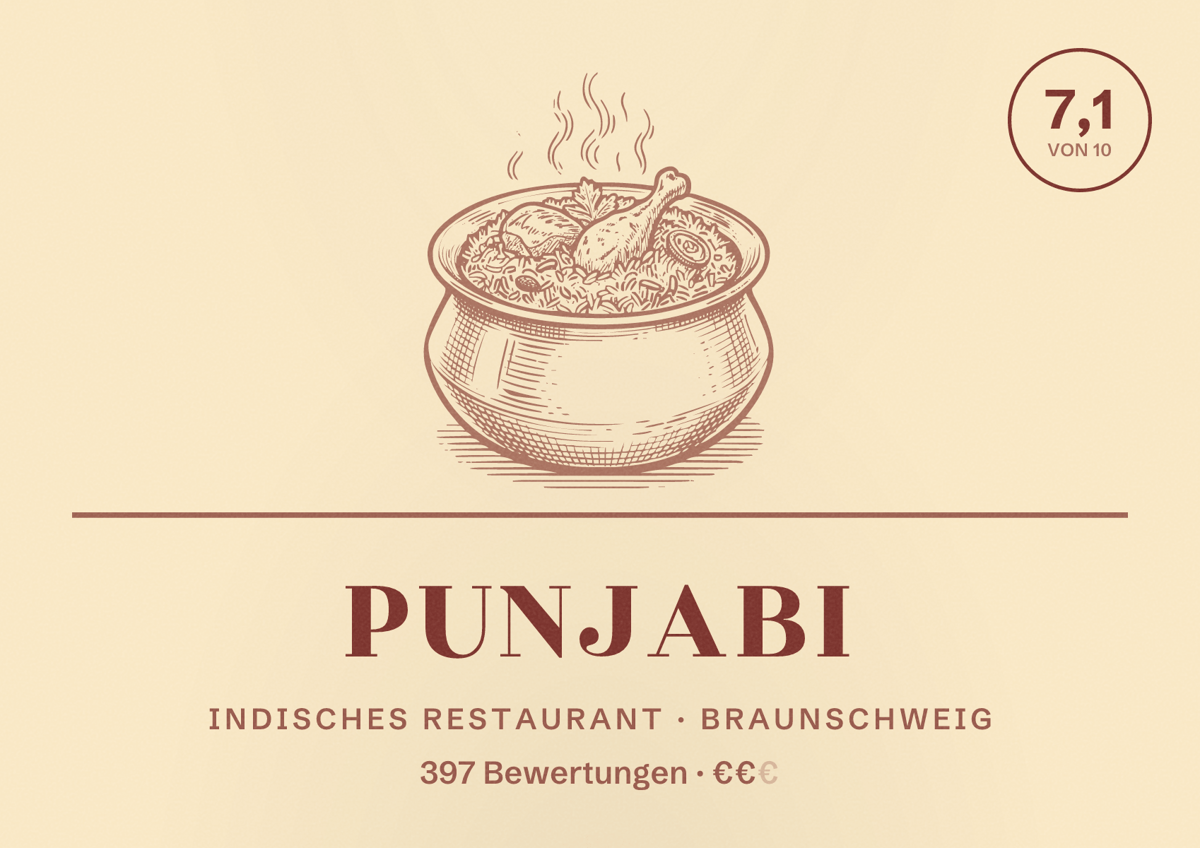 Illustriertes Poster von Punjabi, Indisches Restaurant in Braunschweig: Bewertung 7,1 von 10 aus 397 Bewertungen, Preisniveau €€