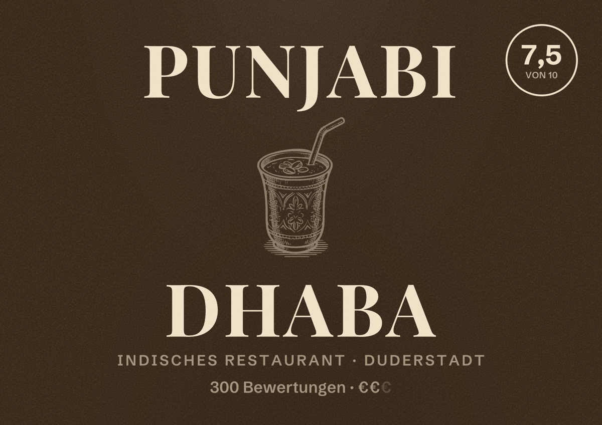 Illustriertes Poster von Punjabi Dhaba, Indisches Restaurant in Duderstadt: Bewertung 7,5 von 10 aus 300 Bewertungen, Preisniveau €€