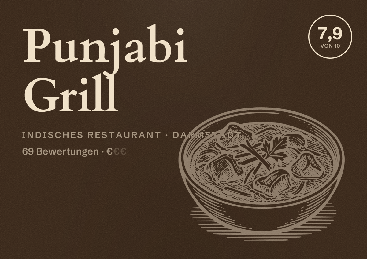 Illustriertes Poster von Punjabi Grill, Indisches Restaurant in Darmstadt: Bewertung 7,9 von 10 aus 69 Bewertungen, Preisniveau €