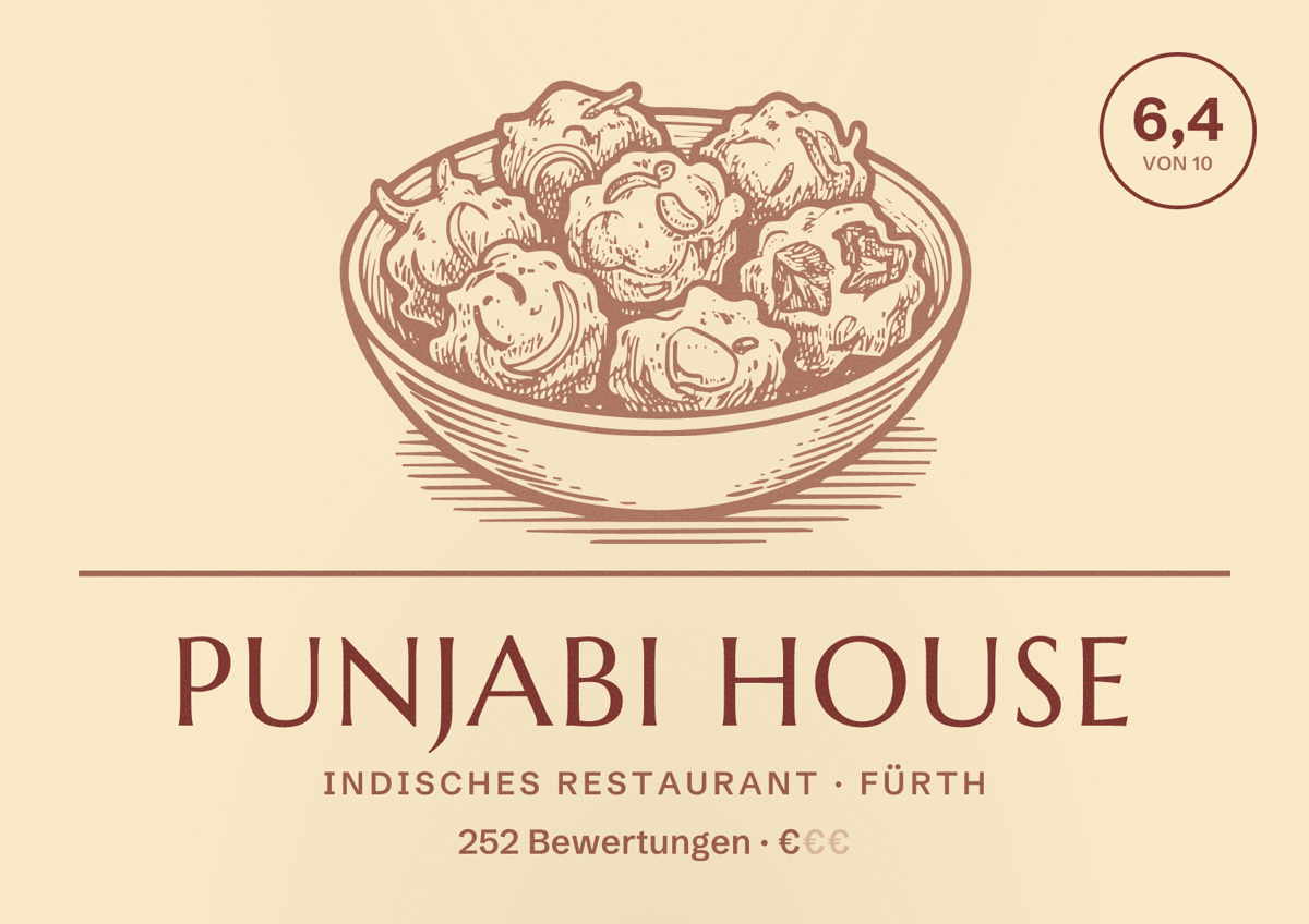 Illustriertes Poster von Punjabi House, Indisches Restaurant in Fürth: Bewertung 6,4 von 10 aus 252 Bewertungen, Preisniveau €