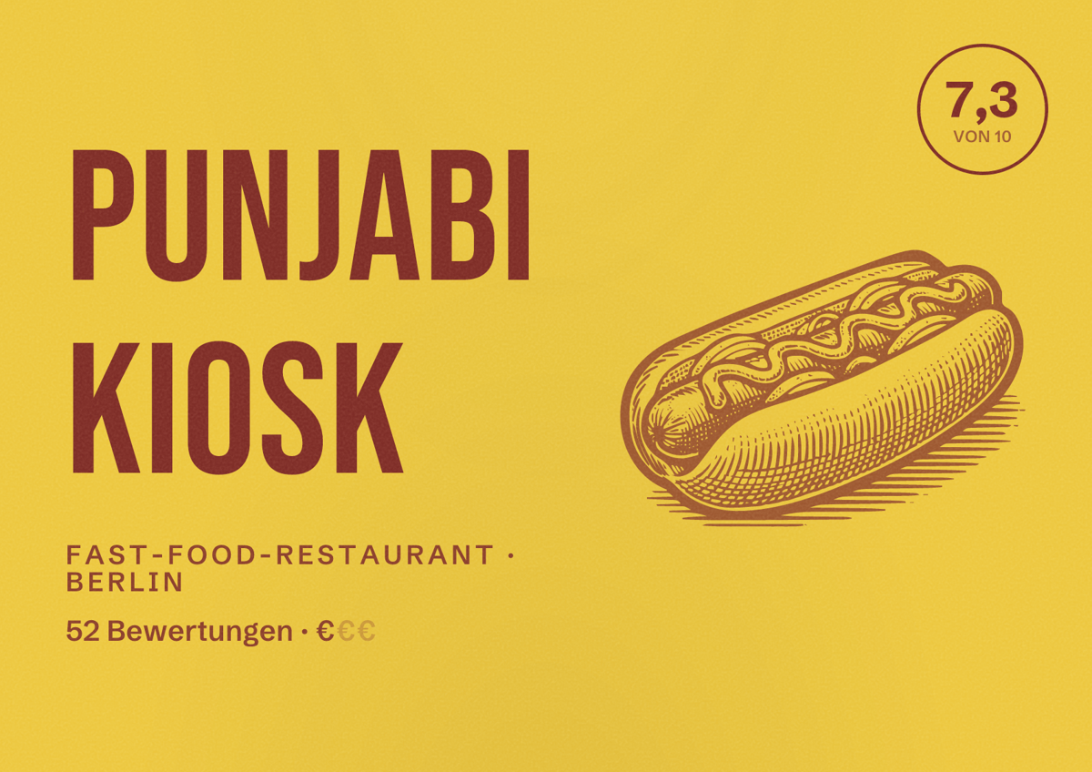 Illustriertes Poster von Punjabi Kiosk, Fast-Food-Restaurant in Berlin: Bewertung 7,3 von 10 aus 52 Bewertungen, Preisniveau €