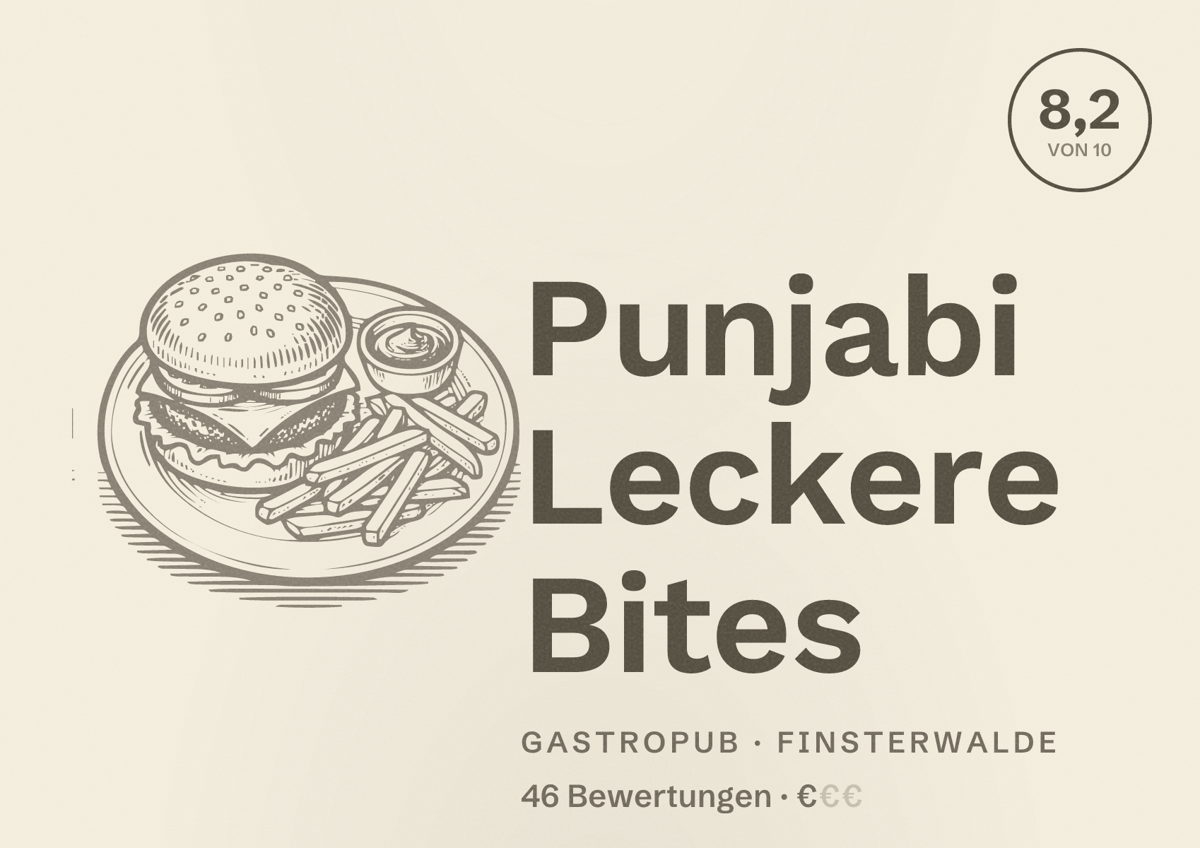 Illustriertes Poster von Punjabi Leckere Bites, Gastropub in Finsterwalde: Bewertung 8,2 von 10 aus 46 Bewertungen, Preisniveau €