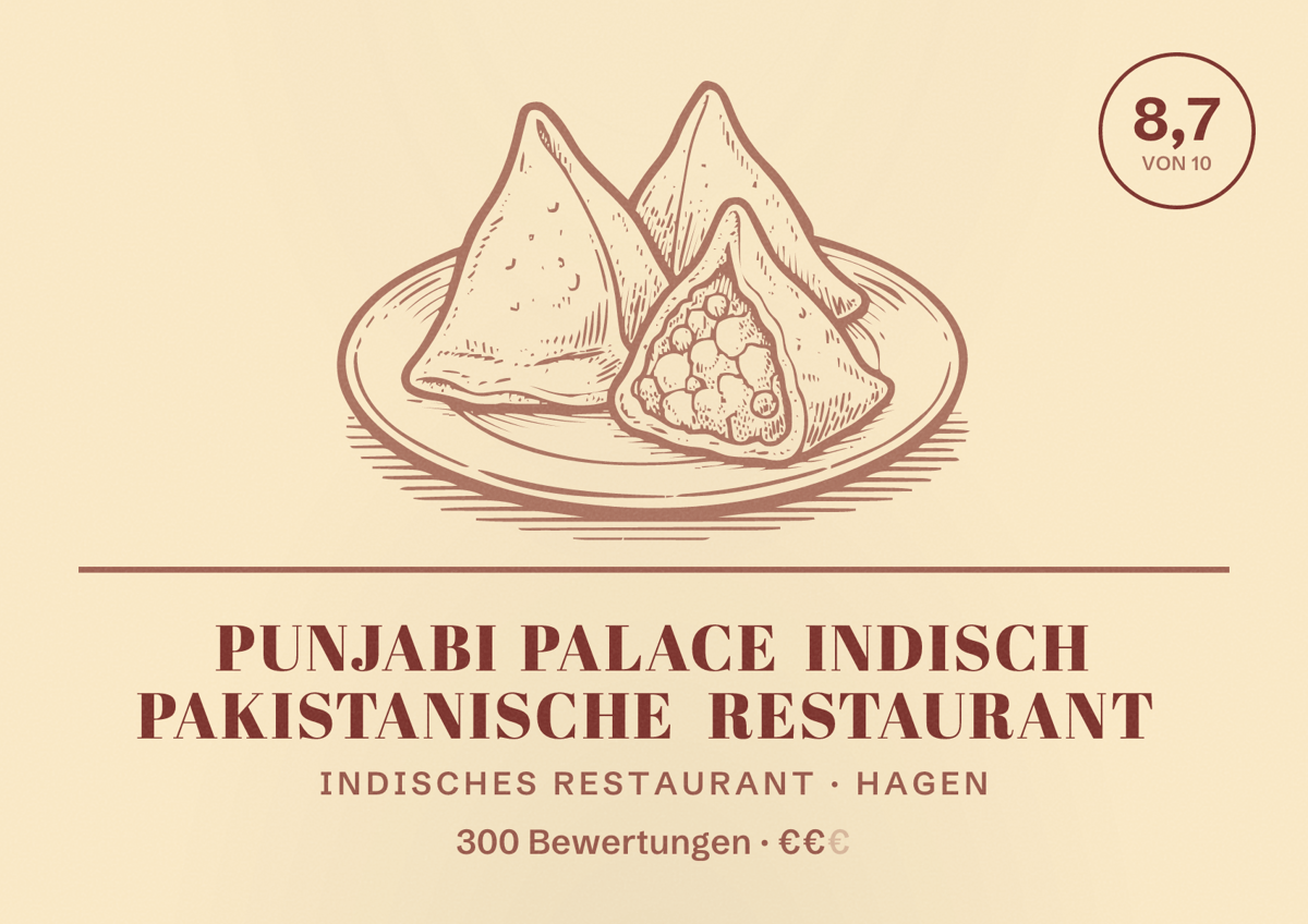 Illustriertes Poster von Punjabi Palace Indisch Pakistanische Restaurant, Indisches Restaurant in Hagen: Bewertung 8,7 von 10 aus 300 Bewertungen, Preisniveau €€