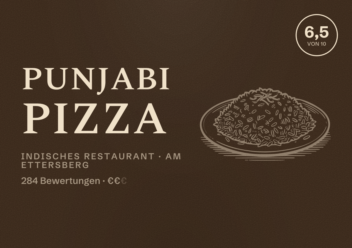 Illustriertes Poster von Punjabi Pizza, Indisches Restaurant in Am Ettersberg: Bewertung 6,5 von 10 aus 284 Bewertungen, Preisniveau €€