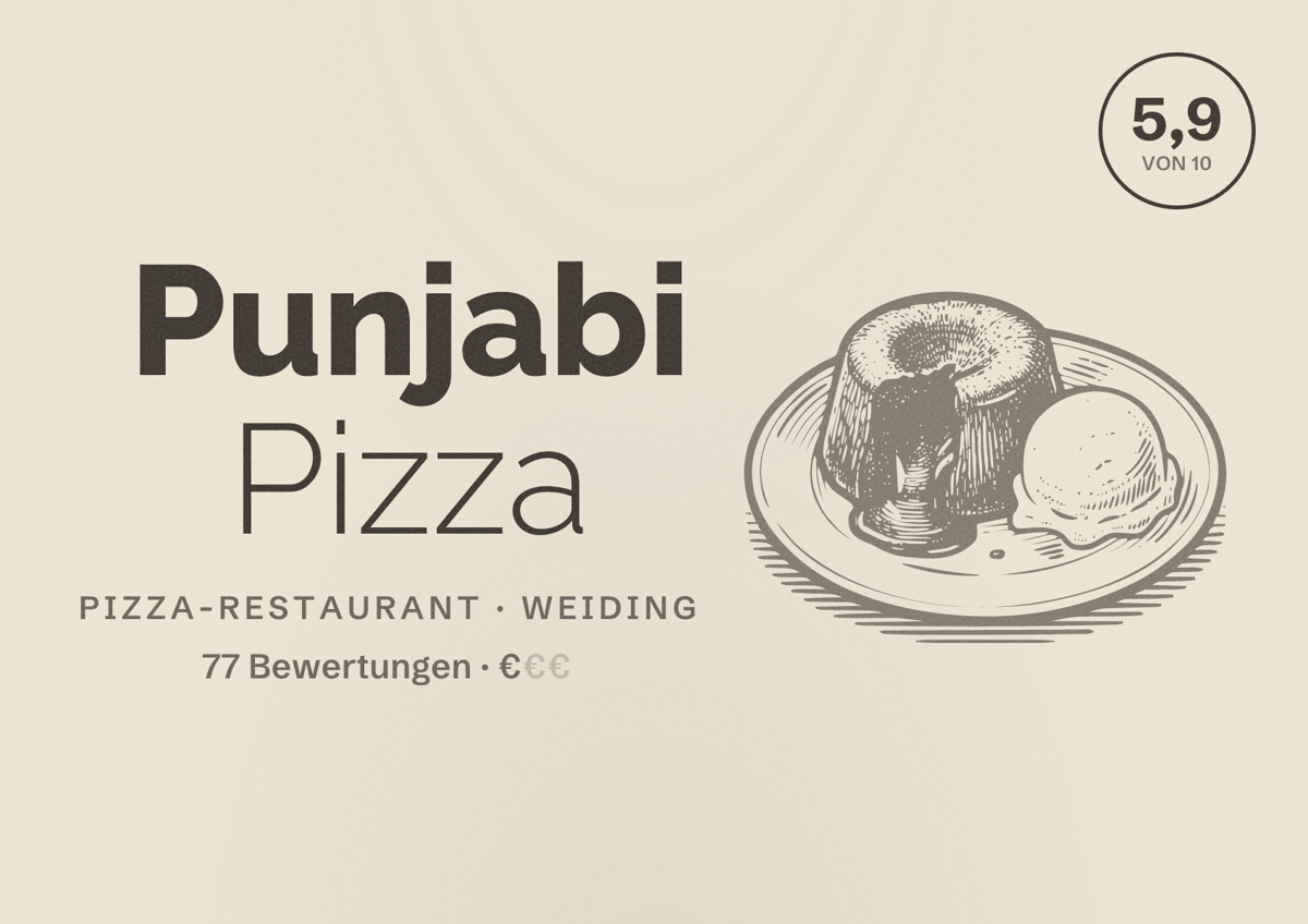Illustriertes Poster von Punjabi Pizza, Pizza-Restaurant in Weiding: Bewertung 5,9 von 10 aus 77 Bewertungen, Preisniveau €