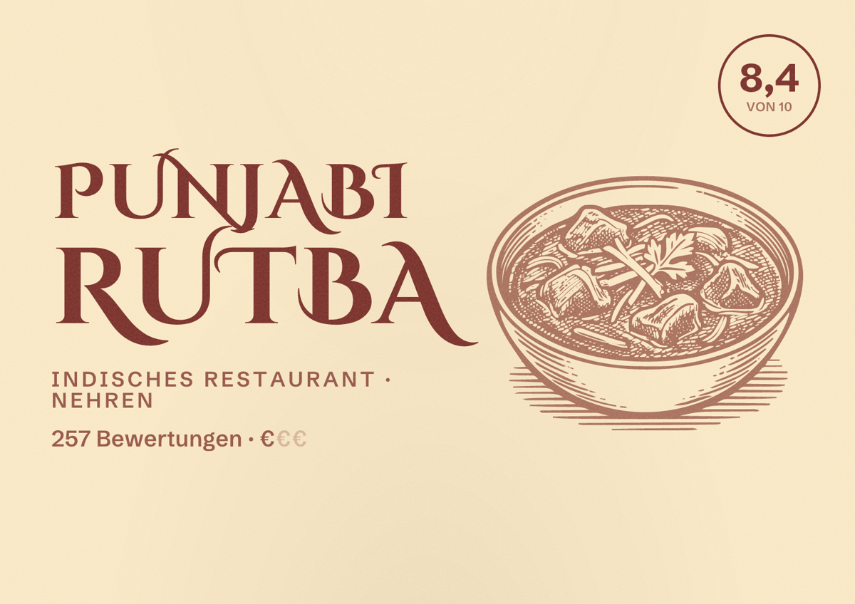 Illustriertes Poster von Punjabi Rutba, Indisches Restaurant in Nehren: Bewertung 8,4 von 10 aus 257 Bewertungen, Preisniveau €