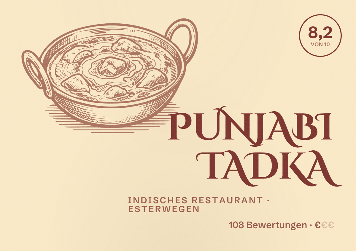 Illustriertes Poster von Punjabi Tadka, Indisches Restaurant in Esterwegen: Bewertung 8,2 von 10 aus 108 Bewertungen, Preisniveau €