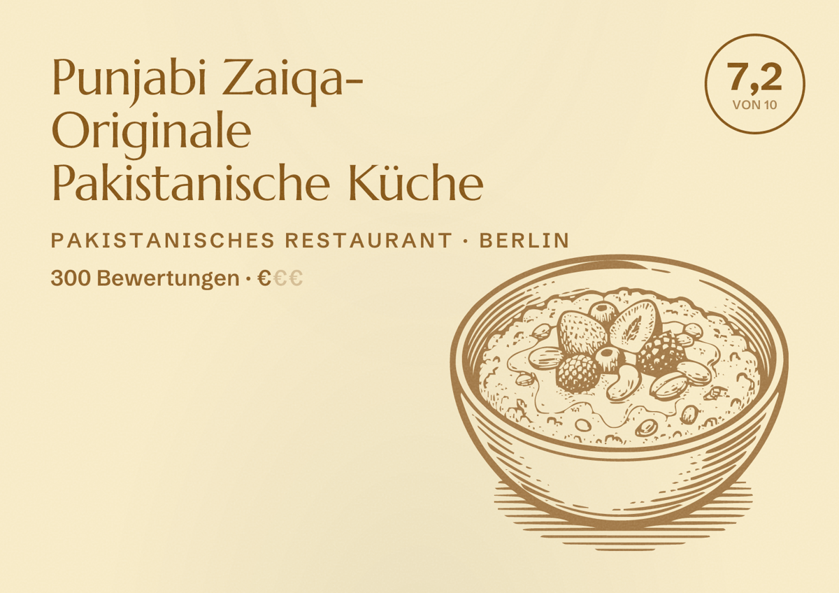 Illustriertes Poster von Punjabi Zaiqa- Originale Pakistanische Küche, Pakistanisches Restaurant in Berlin: Bewertung 7,2 von 10 aus 300 Bewertungen, Preisniveau €