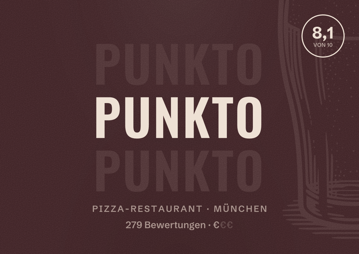 Illustriertes Poster von Punkto, Pizza-Restaurant in München: Bewertung 8,1 von 10 aus 279 Bewertungen, Preisniveau €