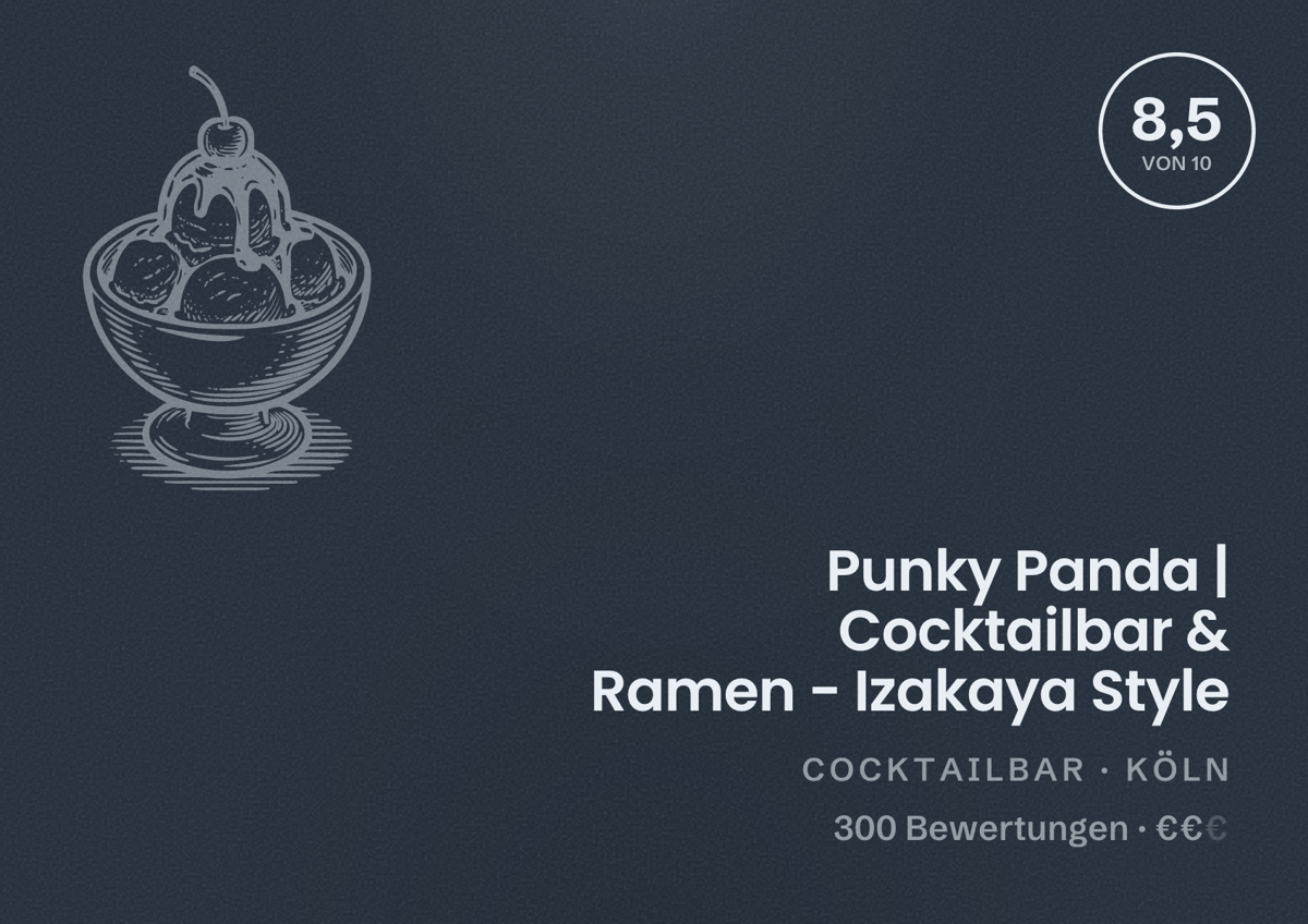 Illustriertes Poster von Punky Panda | Cocktailbar & Ramen - Izakaya Style, Cocktailbar in Köln: Bewertung 8,5 von 10 aus 300 Bewertungen, Preisniveau €€