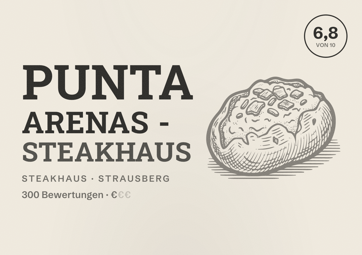 Illustriertes Poster von Punta Arenas - Steakhaus, Steakhaus in Strausberg: Bewertung 6,8 von 10 aus 300 Bewertungen, Preisniveau €