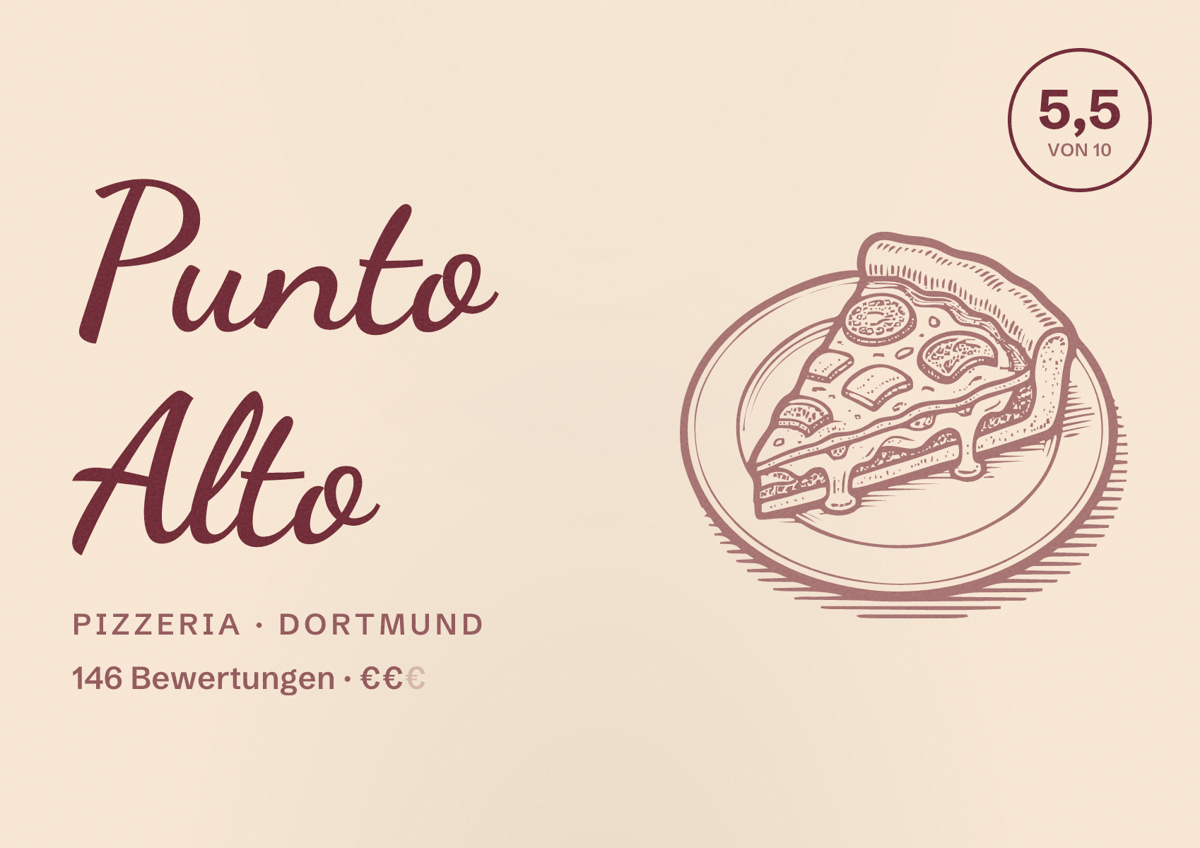 Illustriertes Poster von Punto Alto, Pizzeria in Dortmund: Bewertung 5,5 von 10 aus 146 Bewertungen, Preisniveau €€