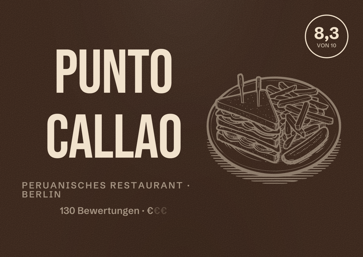 Illustriertes Poster von Punto Callao, Peruanisches Restaurant in Berlin: Bewertung 8,3 von 10 aus 130 Bewertungen, Preisniveau €