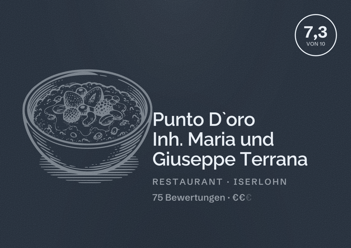 Illustriertes Poster von Punto D`oro Inh. Maria und Giuseppe Terrana, Restaurant in Iserlohn: Bewertung 7,3 von 10 aus 75 Bewertungen, Preisniveau €€