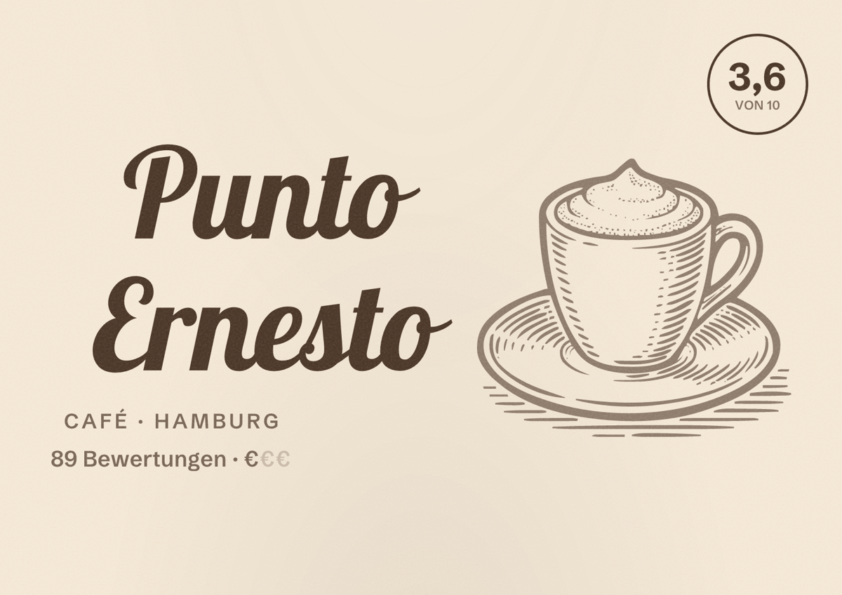 Illustriertes Poster von Punto Ernesto, Café in Hamburg: Bewertung 3,6 von 10 aus 89 Bewertungen, Preisniveau €