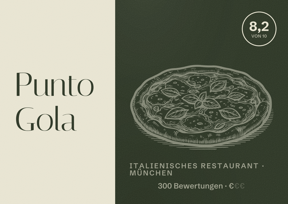 Illustriertes Poster von Punto Gola, Italienisches Restaurant in München: Bewertung 8,2 von 10 aus 300 Bewertungen, Preisniveau €
