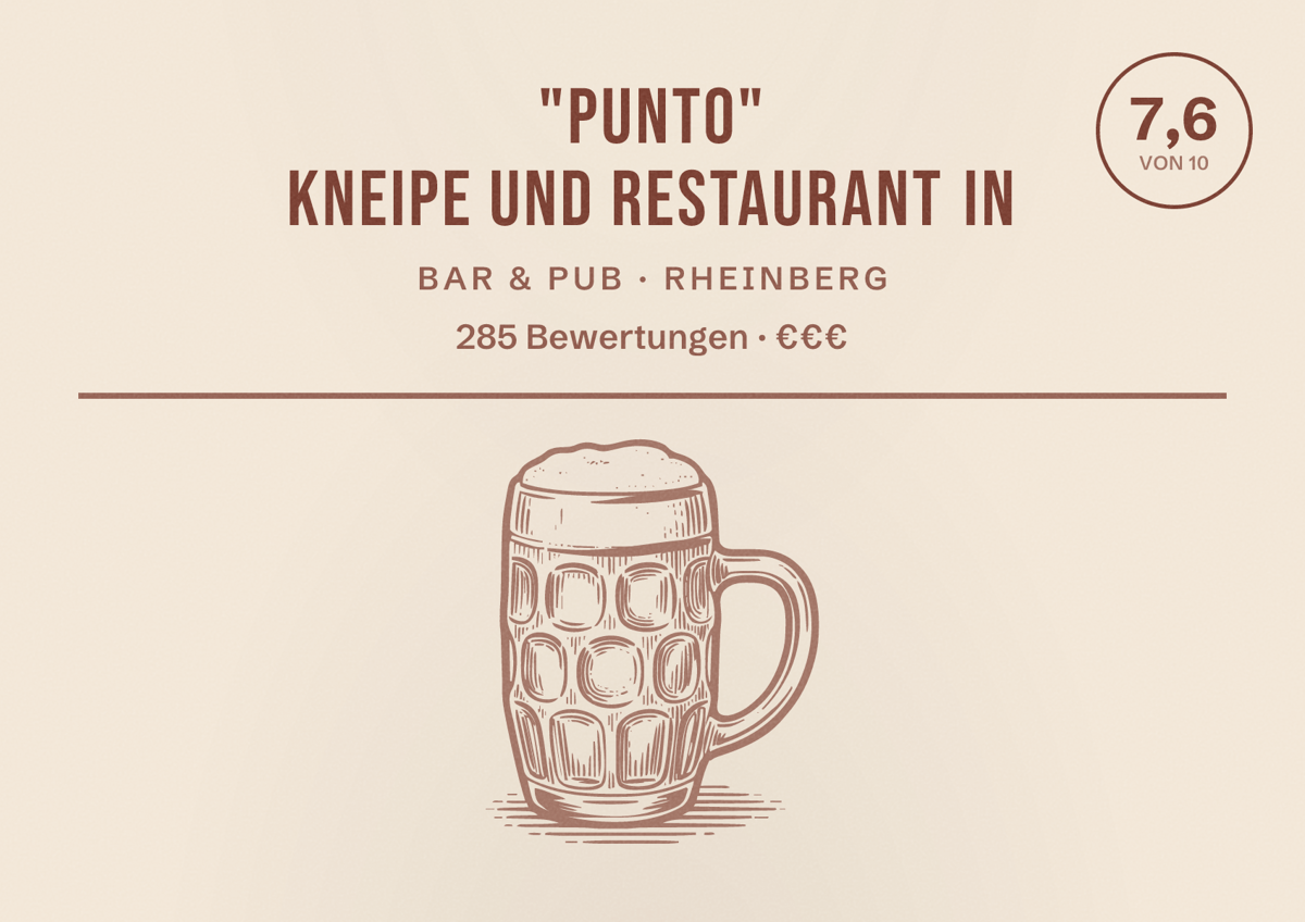Illustriertes Poster von "Punto" Kneipe und Restaurant in, Bar & Pub in Rheinberg: Bewertung 7,6 von 10 aus 285 Bewertungen, Preisniveau €€€