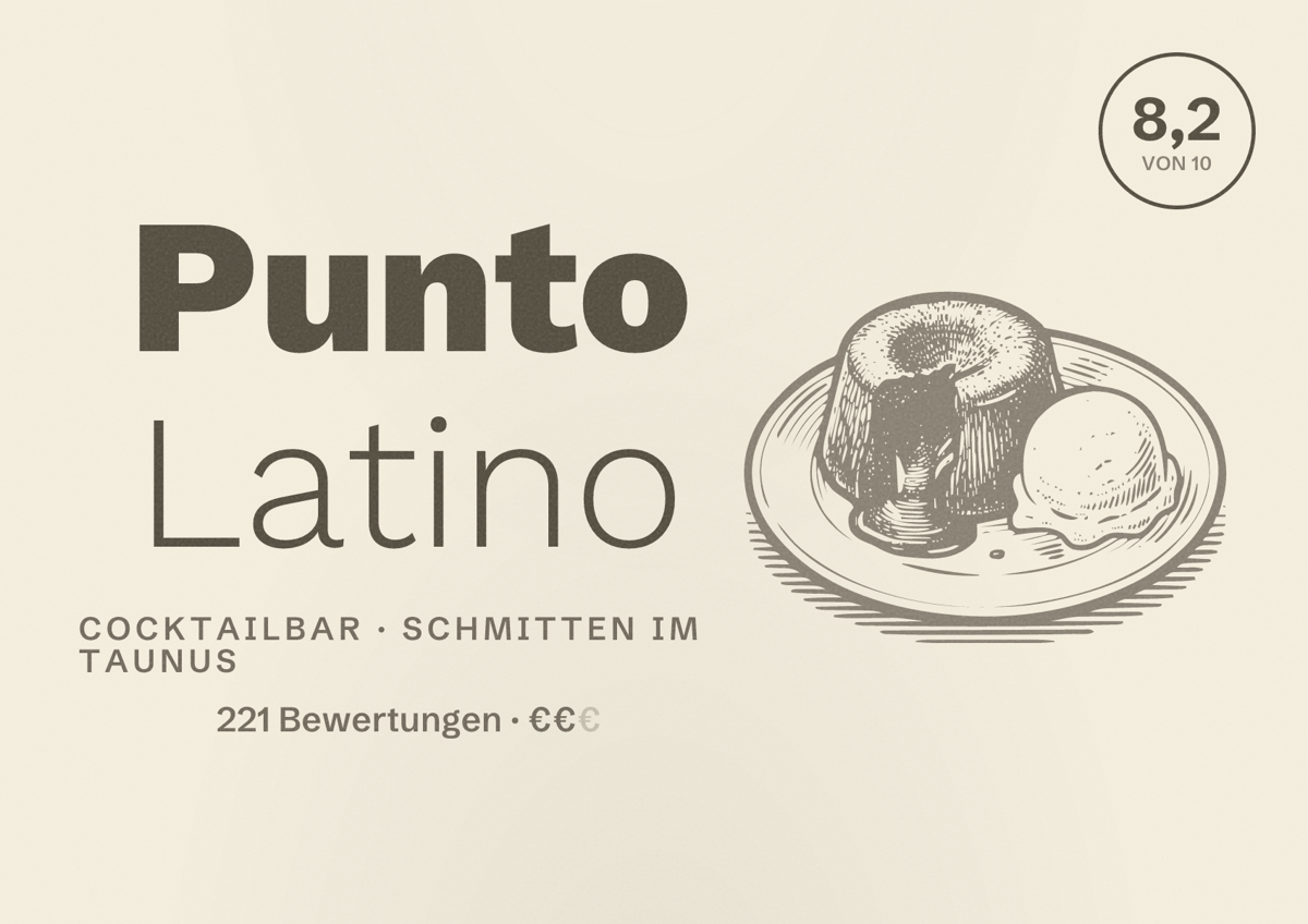 Illustriertes Poster von Punto Latino, Cocktailbar in Schmitten im Taunus: Bewertung 8,2 von 10 aus 221 Bewertungen, Preisniveau €€